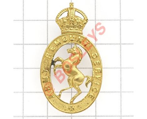 Army Remount Service WW1 Officer’s rare gilt cap badge. Die-cast crowned oval strap “Army Remount Service”; rearing horse to 