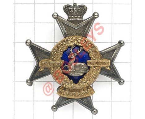 Sherwood Foresters (Derbyshire Regiment) Victorian Officer’s forage cap badge. Die-cast silvered, gilt and translucent blue e