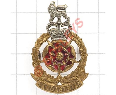 Lancastrian Brigade Officer’s cap badge circa 1958-70.  Silvered and gilt die-cast example with red enamel rose to centre. J.