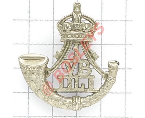 1st VB Durham Light Infantry cap badge circa 1902-08. Die-stamped white metal crowned strung bugle, “1 / VB / DLI” between th