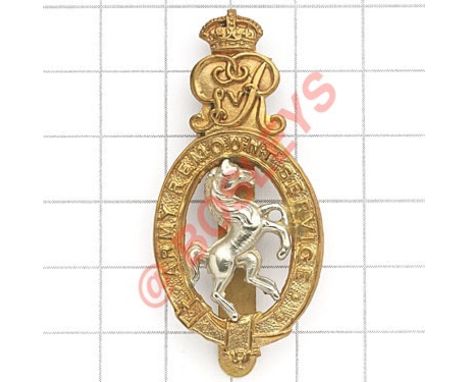 Army Remount Service WW1 OR’s bi-metal cap badge. Die-stamped oval strap “Army Remount Service” surmounted by crowned Royal C