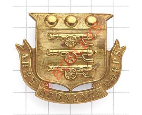 Army Ordnance Corps large Victorian OR’s large brass cap badge. Die-stamped shield bearing Ordnance Arms resting ‘Army Ordnac