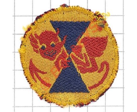 21st Army Tank Brigade WW2 cloth formation sign. Red devil looking round blue Diablo embroidered on yellow disc.  Removed fro