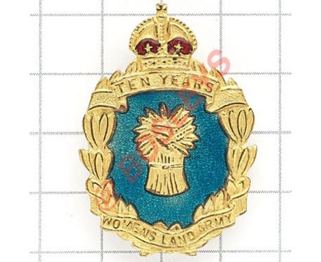 Womens Land Army 10 year service badge. Die-cast gilt crowned laurel wreath with wheatsheaf set on a green enamel ground. JR 