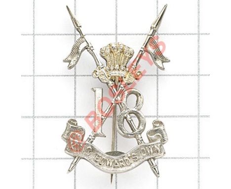 Indian Army. 18th King Edward’s Own Lancers pagri badge circa 1903-10 Die-cast unmarked silver. Crowned POW plumes over “18”o