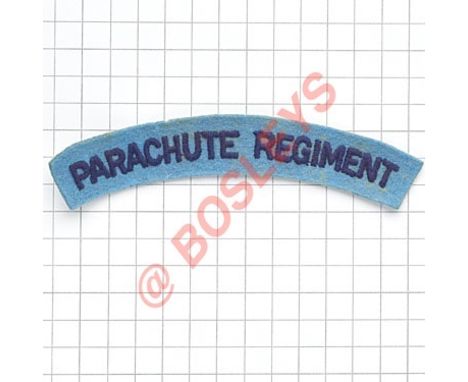 PARACHUTE REGIMENT scarce WW2 cloth shoulder title Dark blue sans serif letters embroidered on light blue felt  VGC Believed 