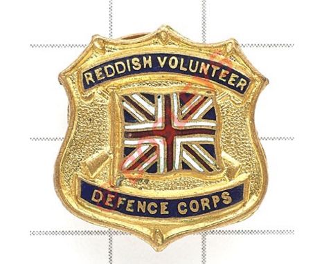 Reddish Volunteer Defence Corps WW1 VTC gilt and enamel badge. Die-cast shield bearing Union flag surmounted by  scroll “Redd