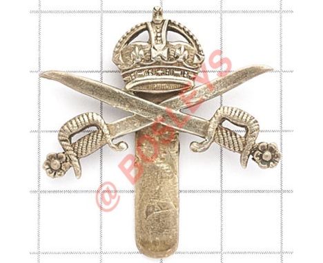 Army Gymnastic Staff silvered cap badge. Good die-cast crowned crossed swords with ornate hilts.  Wide slider Service wear GC