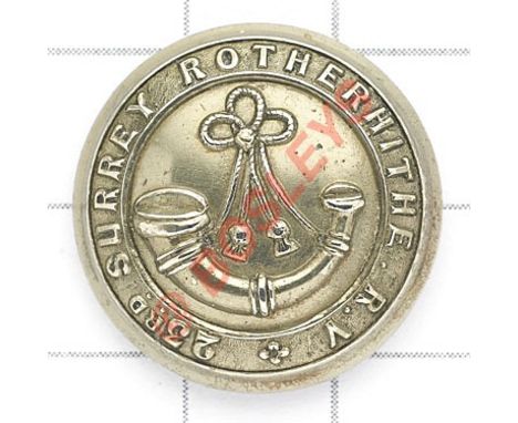 23rd Surrey Rotherhithe Rifle Volunteers Victorian Officer’s silvered tunic button circa 1861. Strung bugle within title stra