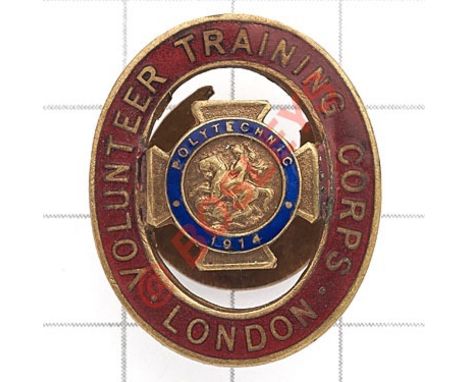 1914 London Polytechnic VTC scarce WWI brass and enamel lapel / mufti badge.  Lage red oval “Volunteer Training Corps London”
