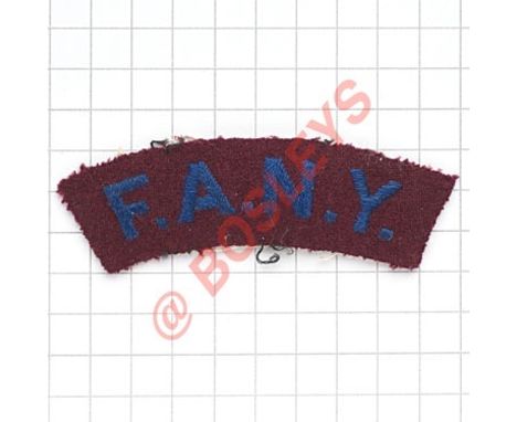 F.A.N.Y. scarce WW2 cloth shoulder title. Blue embroidered on maroon. Worn by “Free FANY’s”.   Removed from uniform. VGC See 