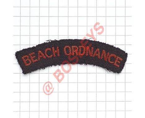 BEACH ORDNANCE scarce WW2 cloth shoulder title. Off red embroidered on navy.   Removed from uniform. VGC Worn on D Day and th