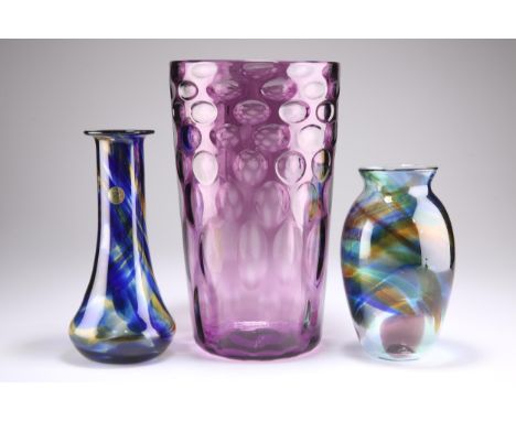 A RICHARDSONS AMETHYST OPTIC GLASS VASE, flared cylindrical form with dimpled decoration, acid mark to base, 30cm high; toget