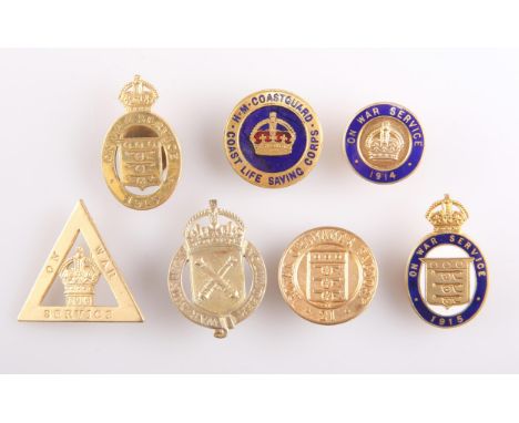 SEVEN WW1 AND WW2 LAPEL BADGES FOR 'ON WAR SERVICE', ROYAL ORDNANCE FACTORY, AND HM COASTGUARD. (7)