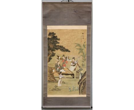 A LARGE CHINESE SCROLL, painted with figures and objects in an outdoor setting, signed upper right. Image 117cm by 71cm