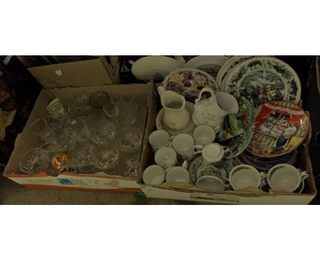 TWO BOXES CONTAINING WOOD &amp; SONS TEA CUPS AND SAUCERS, MINIATURE JUG AND BOWL, COALPORT AND BONE CHINA CHRISTMAS PLATES, 