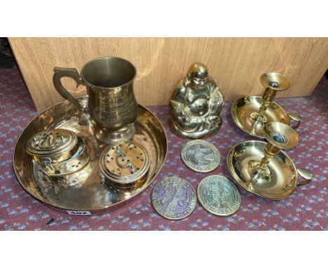 BRASS CIRCULAR DISH, BUDDHA FIGURE, CHAMBERSTICKS, TRINKET BOXES AND CANAL JUNCTION PLAQUES