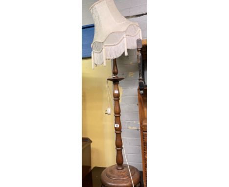 TURNED OAK LAMP STANDARD AND SHADE 