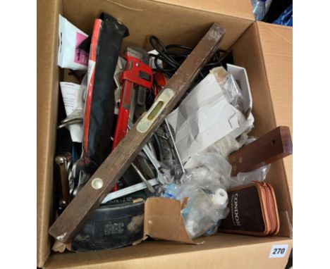 CRATE OF TOOLS INCLUDING BOSCH POWER DRILL, INSPECTION LANTERN AND VARIOUS IRONMONGERY