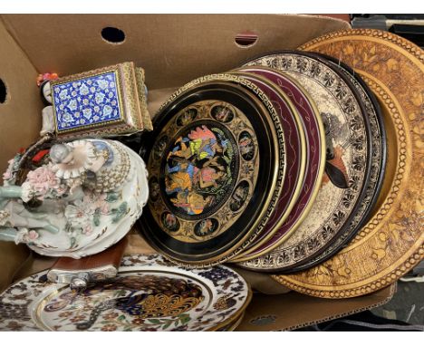 CARTON - GREEK SOUVENIR DECORATIVE PLATES, HIP FLASK, CRINOLINE FIGURE GROUP AND OTHER CERAMICS 