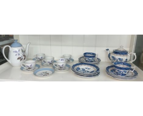 BOOTHS REAL OLD WILLOW PATTERN TEAPOT, CUPS AND SAUCERS AND A RIDGEWAY WHITE MIST COFFEE POT, FIVE COFFEE CUPS AND SAUCERS