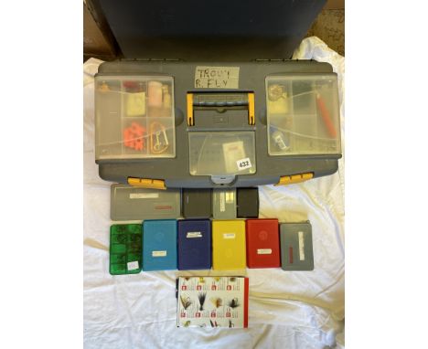 HEAVY DUTY BOX CONTAINING FLY FISHING TACKLE AND ACCESSORIES, SEVERAL CASES OF WET AND DRY FLIES, NYMPHS, LURES AND LINES