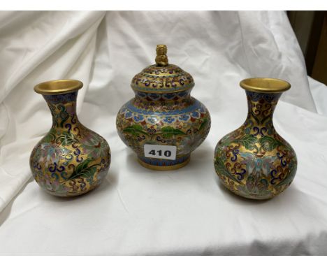 CLOISONNE ENAMEL VASE GARNITURE 