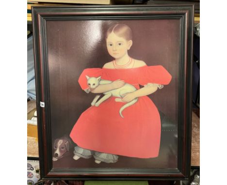 PRINTED PORTRAIT OF A GIRL WITH A CAT FRAMED 60CM X 70CM APPROX