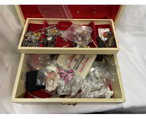 BOX OF COSTUME JEWELLERY INCLUDING SILVER FILIGREE , BUTTERFLY ENAMEL AND PAVE SET BROOCHES, ETC