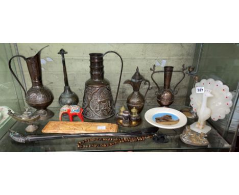 EASTERN BEATEN COPPER EWERS, BRASS OIL LAMP, HORN SHOE HORN, ALABASTER PEACOCK 