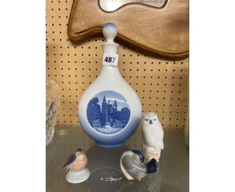 ROYAL COPENHAGEN SPIRIT FLASK, TWO BIRD FIGURES #1041 AND #2238 AND AN OWL #1741