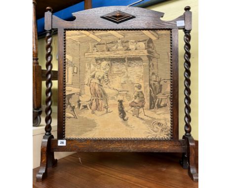 OAK BARLEY TWIST TAPESTRY FIRE SCREEN AND SMALL OPEN BOOKCASE 