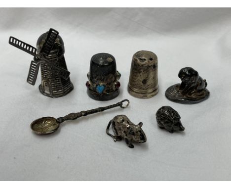 SILVER MINIATURE WINDMILL, PIGLET, HEDGEHOG, RAT, THIMBLES AND SMALL ANOINTING SPOON