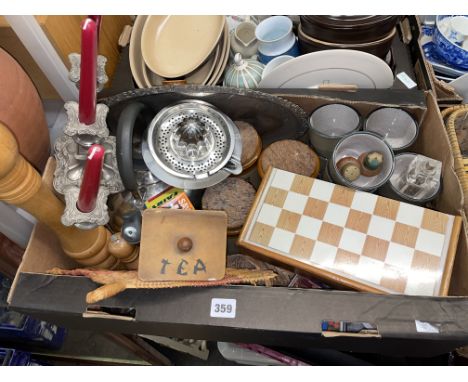 BOX - KETTLE, LEMON SQUEEZER, STORAGE JARS, STONEWARE, CHESS SET