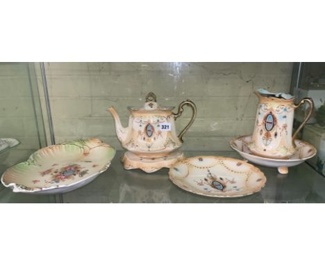 CROWN DUCAL BLUSH IVORY AND GILDED TEAPOT ON STAND, WATER JUG, STRAINER BOWL AND DISH