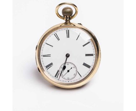 FINE GENTLEMAN'S EIGHTEEN CARAT GOLD OPEN FACE POCKET WATCH
unsigned keyless wind movement numbered 49445, the white enamel d