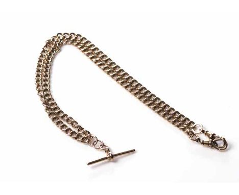 NINE CARAT GOLD ALBERT CHAIN
each link marked 375 for nine carat gold, the T Bar and clasps marked for nine carat gold, medal