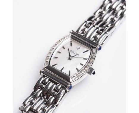 LADY'S STAINLESS STEEL DIAMOND SET BULOVA WRISTWATCH
quartz movement, the mother of pearl dial with applied baton hour marker