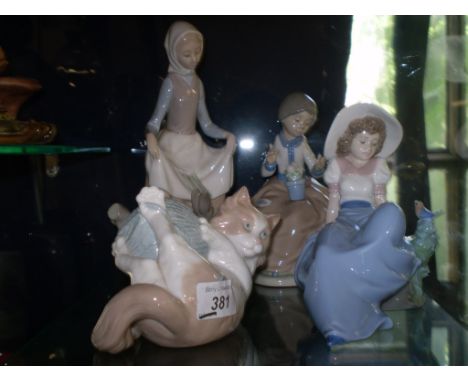 4 FIGURES ONE LLADRO AND 3 LLADRO NAO. GIRL WITH RABBIT, GIRL WITH BIRD, GIRL WITH BIRD AND FLOWER POT AND  A CAT WITH YARN. 