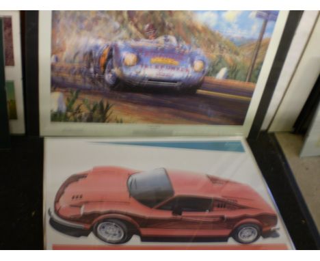 3 AUTOMOTIVE PICTURES INCLUDING A PRINT OF A FERRARI DINO, A LIMITED (97 / 500) PRINT OF A PORCHE 550 AND A JAMES DEAN PICTUR
