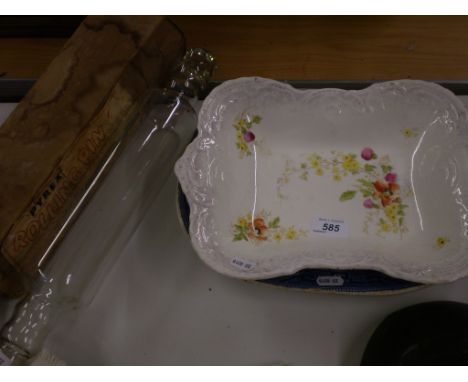 'PYREX' GLASS ROLLING PIN PLUS ONE OTHER PLATE AND DISH
