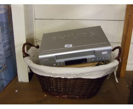 WICKER BASKET, PHOTO PRINTER, AND PHILIPS VHS RECORDER  