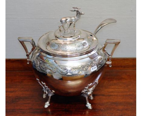 PUNCH BOWL PLATED WITH LID ON 4 STAG MOUNTS (AND HORSE FEET) WITH PLATED LADLE