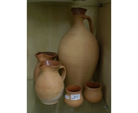 5 UNGLAZED POTTED JARS AND JUGS (LARGE ITEM IS 38 CM) 