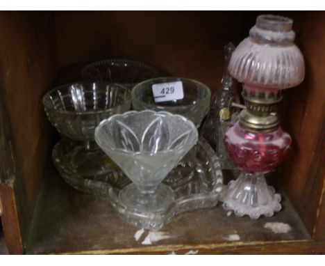 MIXED GLASS INCLUDING COCKTAIL DISHES, CONDIMENT POT, AND OIL LAMP  