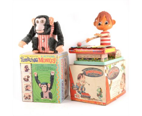 Japanese tin-plate battery operated toys; Rosko R Tested battery operated Pinocchio, and a C.K toys 6 action Tumbling Monkey,