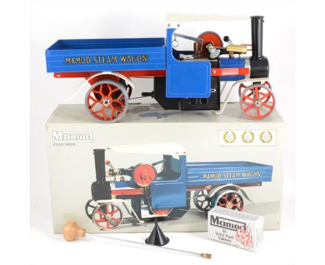 Mamod live steam; SW1 steam wagon engine, blue body, boxed with inner packing, burner, funnel, scuttle, steering pole and fue