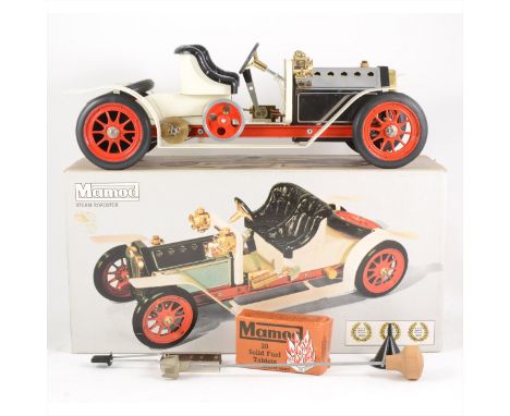 Mamod live steam; SA1a steam roadster engine, boxed with inner card tray, steering pole, burner, funnel and fuel tablets.