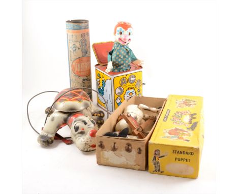 Vintage Toys; one box including Bobo Scottie tin-plate dog, Pelham Puppet horse, boxed, and loose Pelham Puppet clown, three 