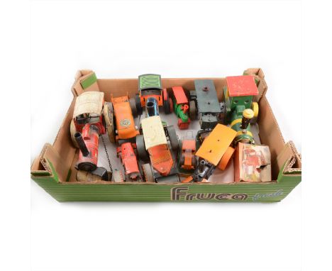 Tin-plate and plastic road roller models, two boxes of modern and old road roller toys, makers include Mettoy, Mini Power, Ma